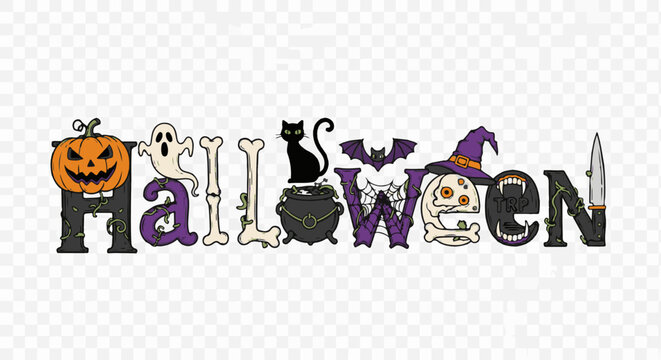 Spooky Halloween letters feature pumpkin, ghost, cat, cauldron, bat, hat, and knife