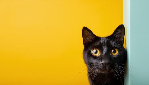 funny black cat peeping from behind a vibrant yellow block horizontal wallpaper large copy space for text