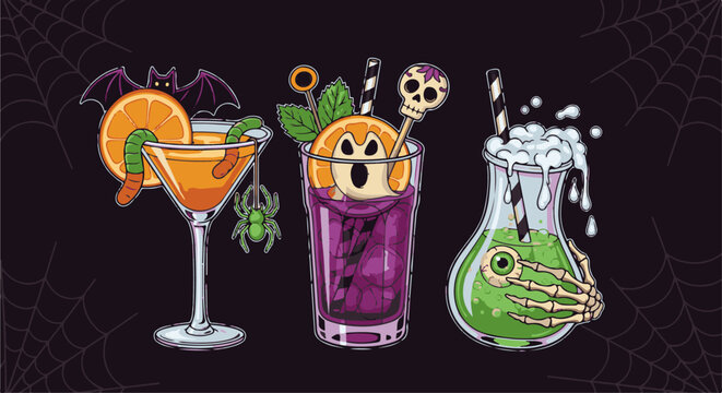 Spooky Halloween themed drinks with creepy garnishes and bat decoration