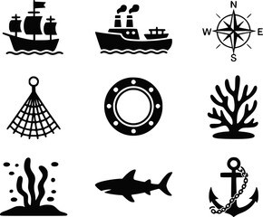 Nautical sailing ship, steamship, compass, net, porthole, coral, seaweed, shark, anchor © Anjuman_42
