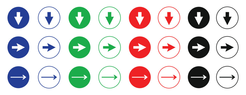 Colorful set of downward and rightward arrow in circular frames isolated on transparent background