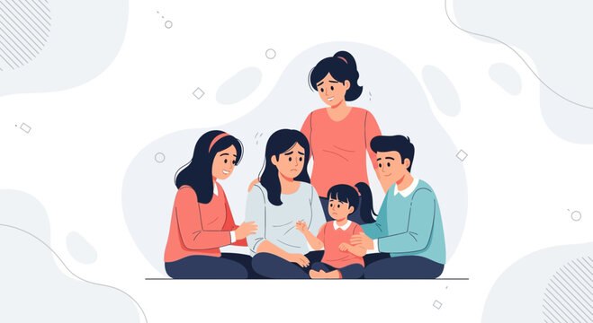 Family Support: Comforting a Sad Child and Mother in a Group Hug