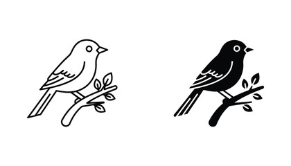 Obraz premium Small songbird perched on a branch icon set in charming line art and solid black silhouette styles for nature and gardening themes