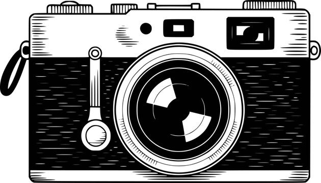 Vintage camera with lens and strap, black and white retro