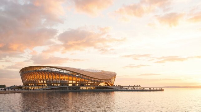 Modern architectural building with curved roof design by waterfront during sunset, reflecting warm colors in water. Concepts of international football, UEFA competitions, Super Cup context