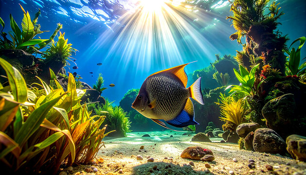 angelfish swimming directly overhead captured from bottom aquarium floor perspective