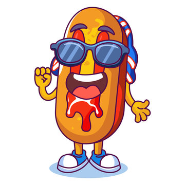 A cute hot dog cartoon character wearing sunglasses with a big smile and playful expression. Perfect for food mascots, kids designs, stickers, branding, and fun illustrations.