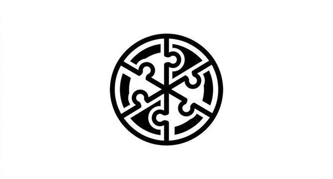 Circular puzzle silhouette icon interlocking segments teamwork symbol vector isolated on white