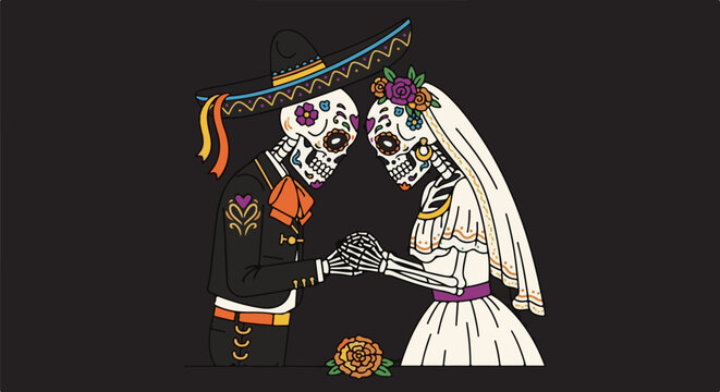 Skeletons in festive attire holding hands, looking at each other