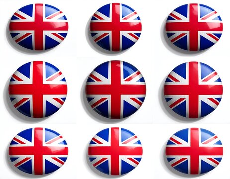 Nine glossy, circular emblems, each a miniature representation of a national flag with a cross design, placed against a white background