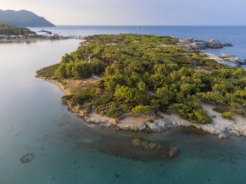 Aerial view of Grand Gaou Island with its rugged rocky shores, unique anamorphosed pine trees, and crystal-clear lagoon waters in the Embiez archipelago. Six-Fours-les-Plages, France.