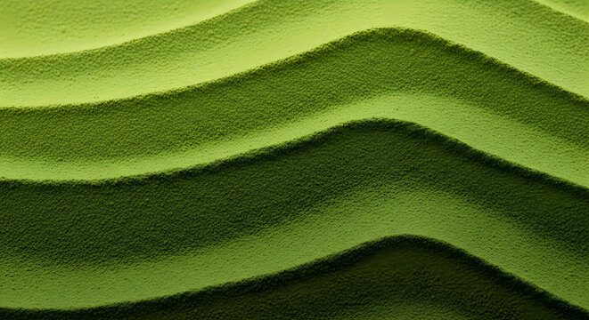 Closeup of vibrant green matcha powder arranged in smooth, flowing wave patterns, creating a textured and organic abstract background