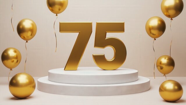 Golden number 75 displayed on a white pedestal surrounded by gold balloons against a neutral background, ideal for celebrating milestone anniversaries or birthdays