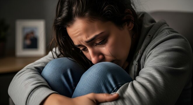 Woman in distress, feeling overwhelmed and sad.