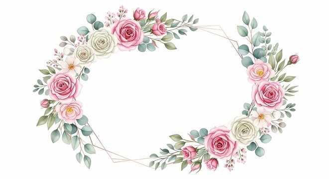Wedding invitation card with floral wreath and roses on white background