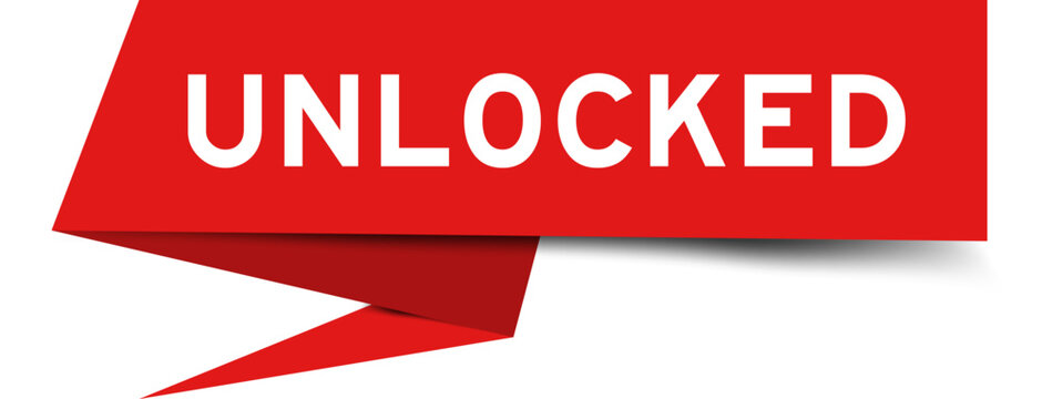 Red color speech banner with word unlocked on white background
