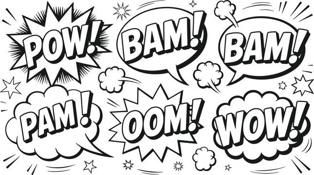 Set of comic book speech bubbles and explosion sound effect text labels with action words like bam pow and wow in a classic pop art graphic design style