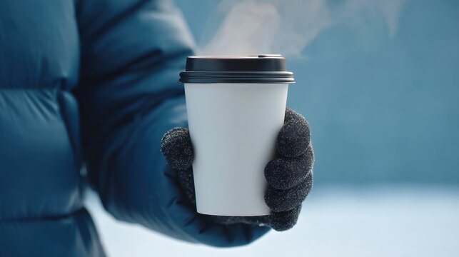Person Holding Hot Beverage in Disposable Cup While Wearing Dark Blue Puffer Jacket in Cold Winter Setting with Soft Steam Rising
