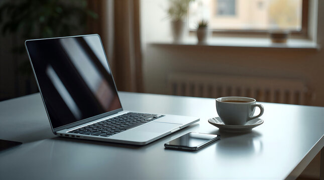Minimalist workspace with laptop, smartphone and coffee cup on table near window. Soft natural light creates calm atmosphere for remote work, productivity and modern lifestyle.