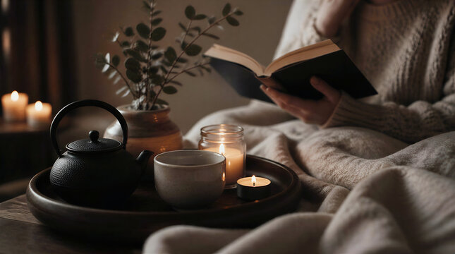 Warm cozy scene with tea set, candles and person reading book under blanket. Soft lighting creates relaxing atmosphere for self-care, mindfulness and slow living.