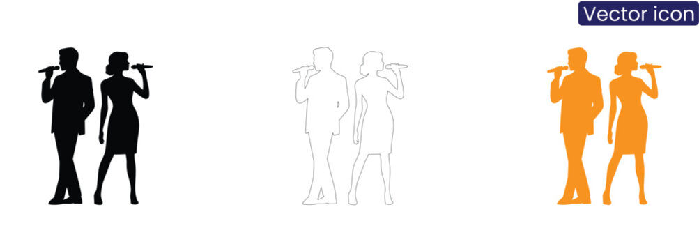 Vector icon of a man and woman singing on white background with microphone