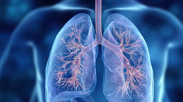 Cystic Fibrosis medical educational illustration, genetic progressive disease affecting lungs and digestive system, respiratory disorder with mucus buildup in airways, human internal organs anatomy, 