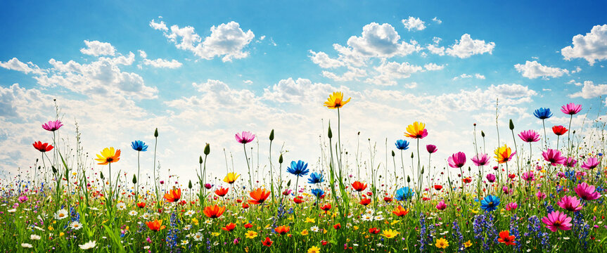vibrant wildflower field with colorful blooms under pastel sky