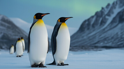 Fototapeta premium Penguins on an ice landscape with aurora borealis northern lights in the night sky, polar wildlife and nature concept, winter landscape photography, with copy space