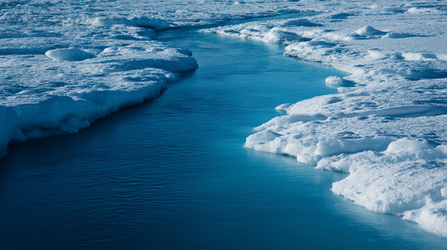 Close-up of glacial meltwater carving channels through blue ice, climate change visualization concept, natural science photography, with copy space