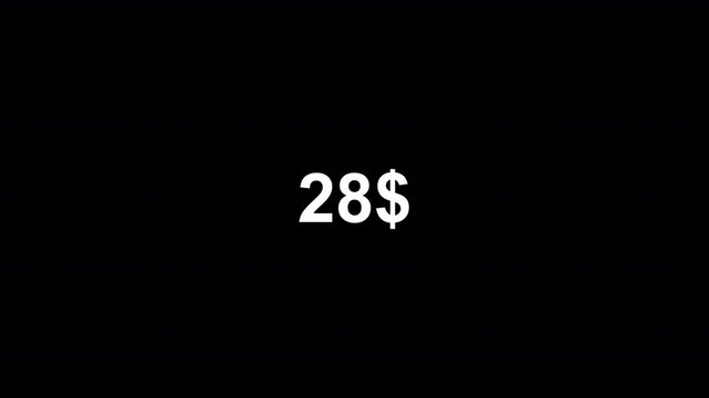 dollar counter animation from 0 to 30 on a black background. dollar calculating from zero to thirty dollar counter animation