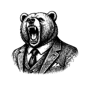 Bear Businessman Roaring in Classic Suit Engraving Style Illustration