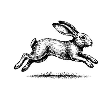Black and White Engraving Illustration of a Leaping Rabbit