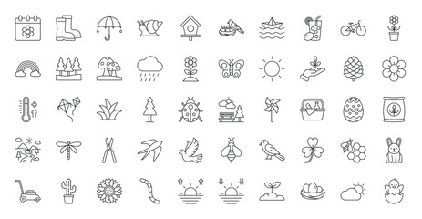 Fototapeta premium Spring icon set. Spring calendar, sprout, butterfly, snail, birds, blossom, mushroom, rain, gardening, bike, flower, rainbow, forest, sunrise and more. Outline vector icons collection