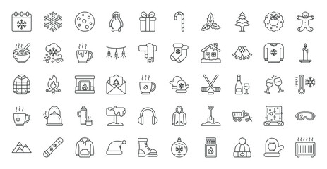 Fototapeta premium Winter icon set. Snowflake, earmuffs, candy cane, gingerbread, Christmas wreath, hot chocolate, fireplace, snowplow, santa hat, penguin, pine tree, snowboard, heater and more. Outline vector icons col
