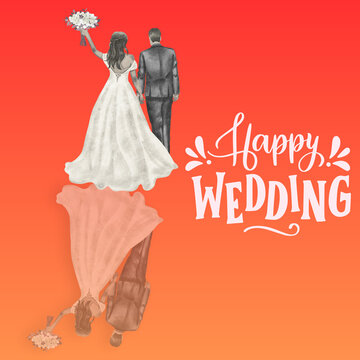 Happy Wedding Couple with Mirrored Reflection on Orange Background. Ai generated 