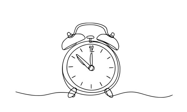 Alarm Clock Line Art, Minimalist continuous-line drawing of an alarm clock with two bells and hands, symbolizing time and punctuality