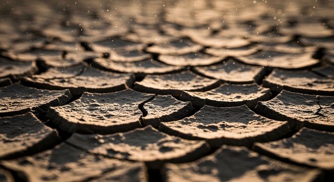 Close-up of cracked dry earth with dust particles in the air, golden hour lighting