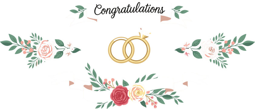
Congratulations Wedding Ring and Floral Banner Design with Rose and Leaf Elements for Marriage, Greeting Card, and Invitation Projects
Congratulations Wedding Ring and Floral Banner 