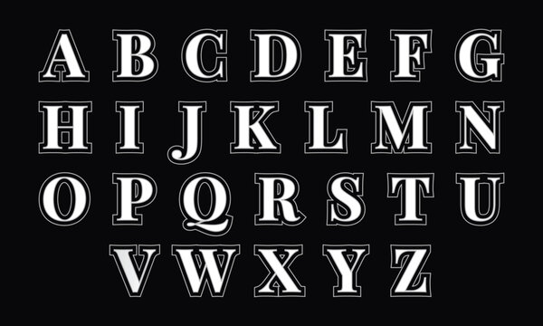 Elegant A&ndash;Z uppercase alphabet set designed with offset path technique and white gradient effects on a deep black background.
