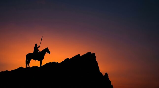 Majestic Silhouette of Maharana Pratap on Horseback Against a Vibrant Sunset Sky.