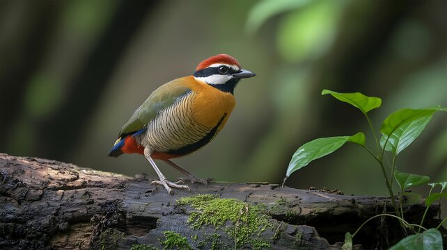 A vibrant red crested cardinal perches gracefully on a mossy branch amidst lush blurred green foliage in a forest setting