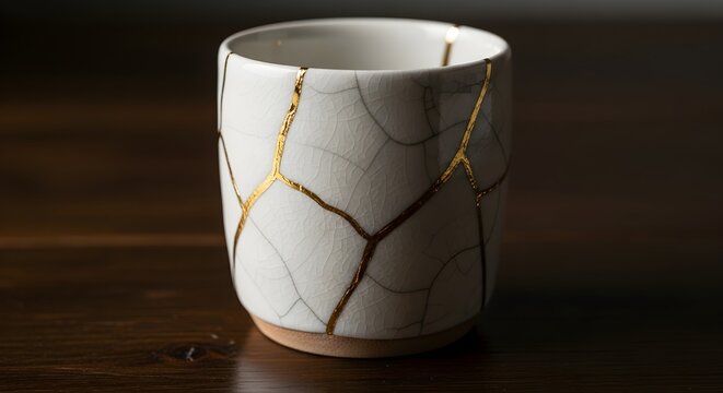 Kintsugi ceramic cup on dark wooden table, close-up