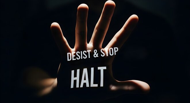 Hand with 'Desist & Stop' and 'Halt' text, symbolizing warning, prohibition, and cessation.