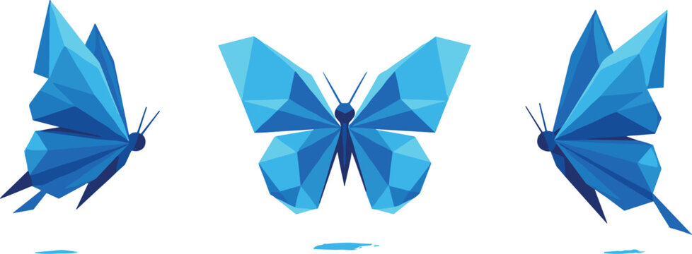 Blue Low Poly Geometric Butterfly Icon Set with Crystal Facet Style for Nature, Modern, and Logo Design ProjectsBlue Low Poly Geometric Butterfly 