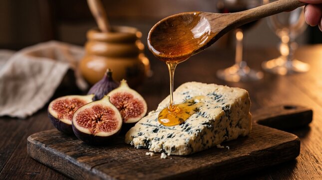 Golden Organic Honey Pouring onto Gorgonzola Blue Cheese with Fresh Sliced Figs