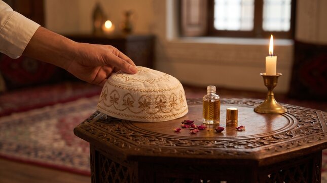 Traditional White Kufi Prayer Cap with Attar Perfume Oil on Carved Octagonal Table