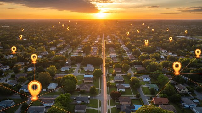 Aerial view of a suburban neighborhood at sunset with location pins overlayed
