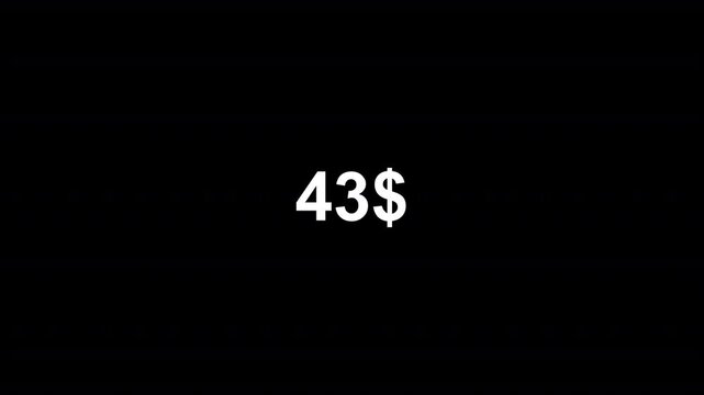 dollar counter animation from 0 to 50 on a black background. dollar calculating from zero to fifty dollar counter animation on black back ground