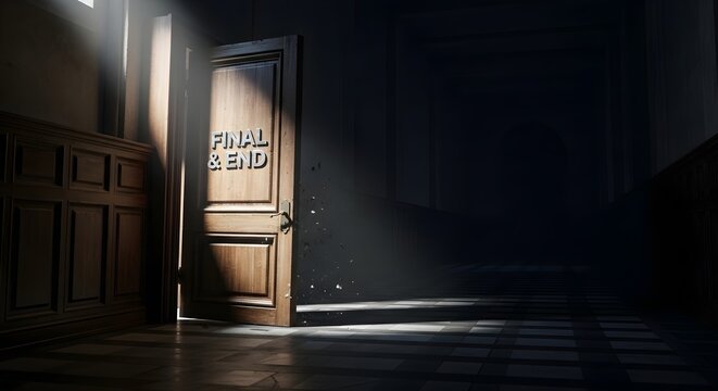 Open Door with 'Final & End' Text, Dramatic Light Rays