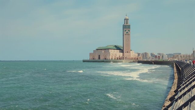 Hassan II Mosque Casablanca Morocco Oceanfront Footage Iconic Minaret Islamic Architecture Atlantic Ocean Coastline Travel Landmark Video